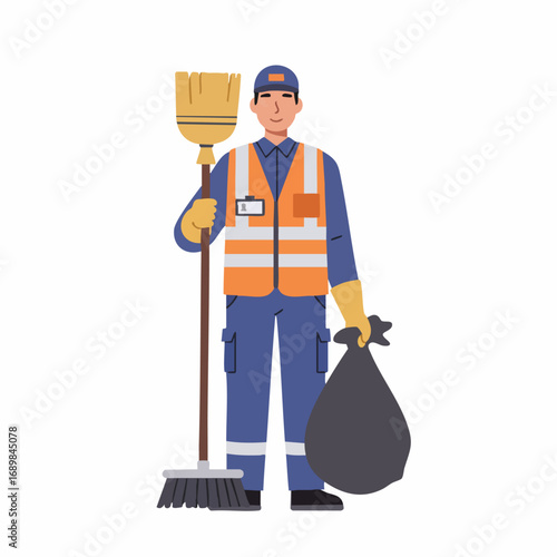 Friendly male street cleaner in uniform holding a broom and garbage bag. Professional sanitation worker or janitor character illustration