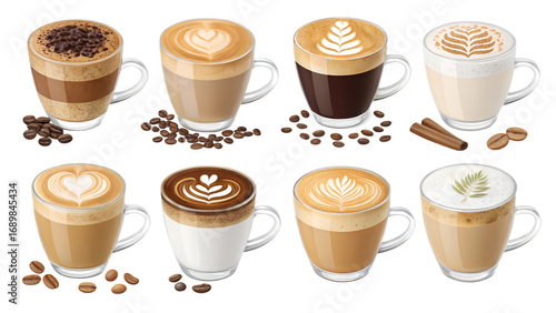 Coffee and cappuccino PNG set –  realistic coffee drinks, latte art, isolated transparent background