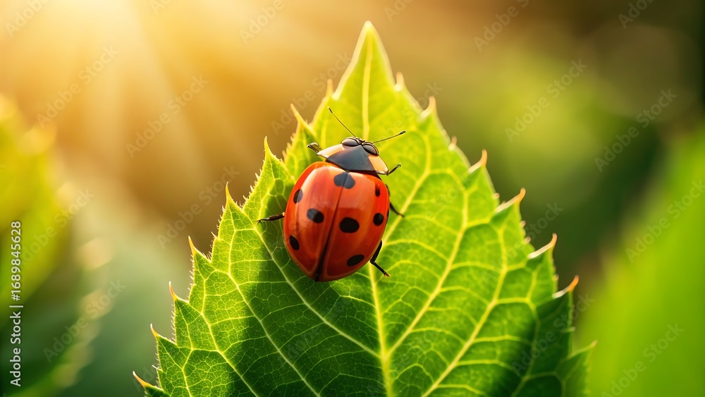 Fototapeta premium Bright red ladybug with black spots rests on a vibrant green leaf in golden sunlight