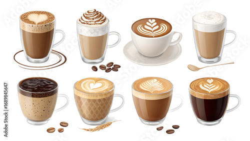 Coffee and cappuccino PNG set –  realistic coffee drinks, latte art, isolated transparent background