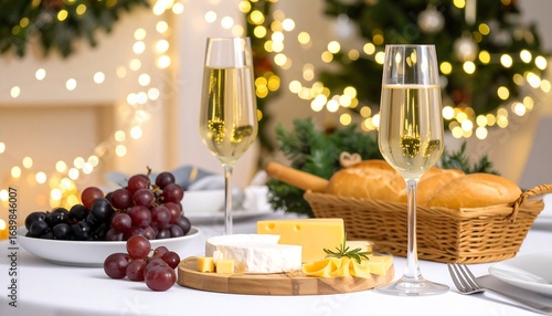 Festive Christmas dinner with champagne and cheese
