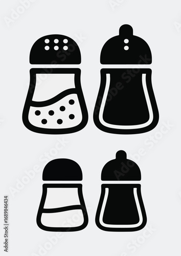 Four salt and pepper shaker icons in black. Perfect for kitchenrelated designs, restaurant menus, culinary websites, and cooking blogs.
