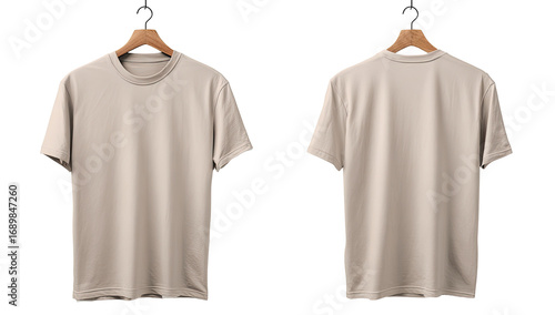 Two light beige t-shirts on hangers, front and back views