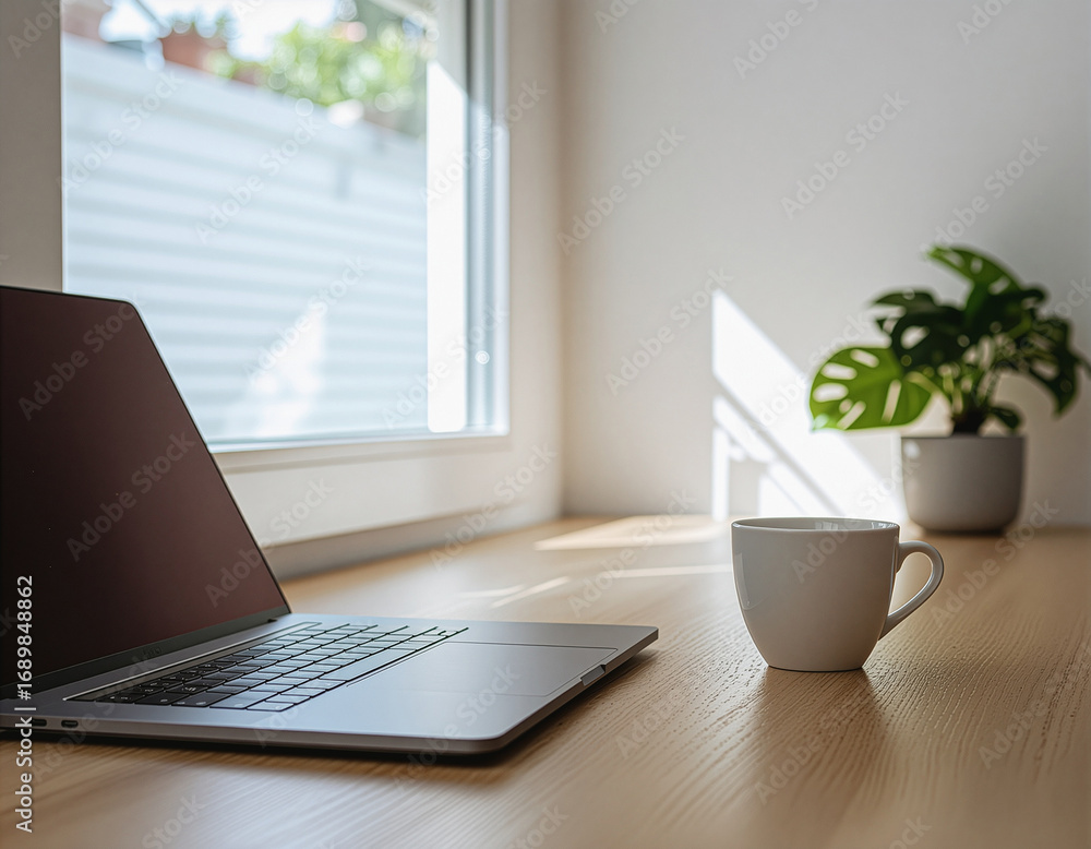 Fototapeta premium Laptop and coffee cup on a clean wooden desk, sunlight from window, minimal style