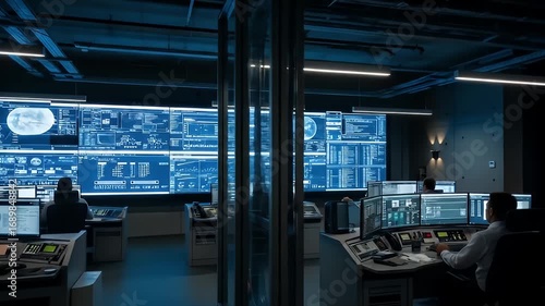 High-Tech Control Room with Multiple Monitors and Data Visualization