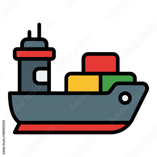 Cargo ship icon. Ocean freight transport symbol. International shipping and global trade collection. Filled Line Icon