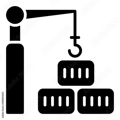 Crane loading container icon. Port crane symbol. Heavy cargo and shipping logistics collection. Glyph Icon