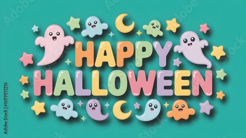 Wallpaper Mural Cute pastel ghosts and stars surround colorful happy halloween lettering on a teal background Torontodigital.ca