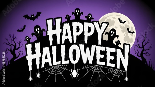 Wallpaper Mural Happy halloween spooky night with full moon bats and creepy spider web design Torontodigital.ca