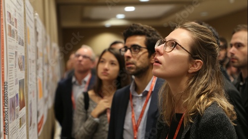 Conference attendees looking at posters presentation at scientific convention event