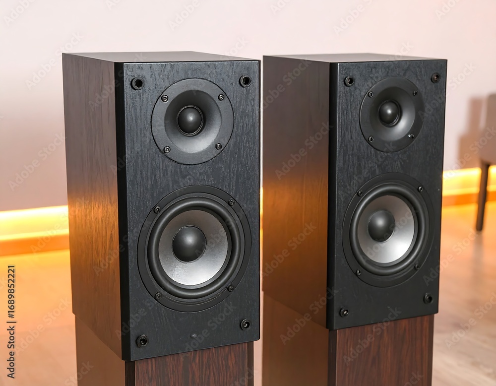 Fototapeta premium Two black wooden speakers, lit by warm light