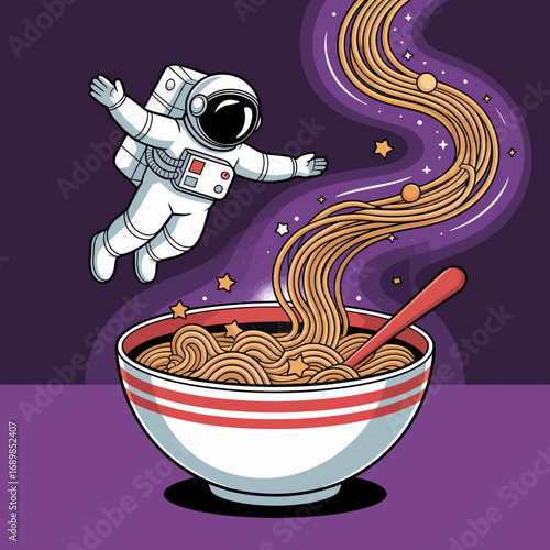 In this surreal artwork, an astronaut floats above a giant bowl of noodles that spirals into the cosmos, representing a whimsical blend of food and space exploration.