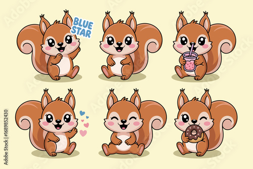 Six adorable squirrel expressions featured in this illustration show their playful and joyful attitudes, perfect for representing cuteness and friendliness in designs.