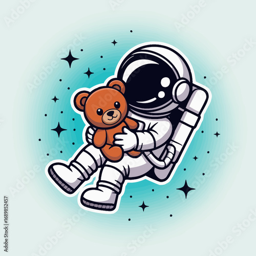 This charming image depicts an astronaut holding a teddy bear amidst a starry space backdrop, representing comfort and companionship beyond Earth.
