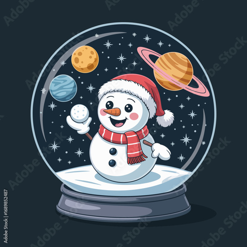 A festive snowman wearing a Santa hat holds a snowball inside a snow globe, showcasing a whimsical scene of planets and space, blending holiday cheer with cosmic wonder.