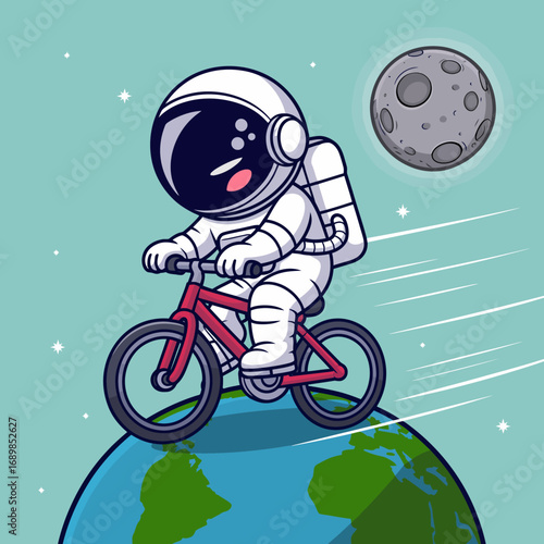 In this fun, imaginative artwork, an astronaut rides a bicycle around Earth, capturing the exhilarating spirit of adventure and freedom within the cosmos.