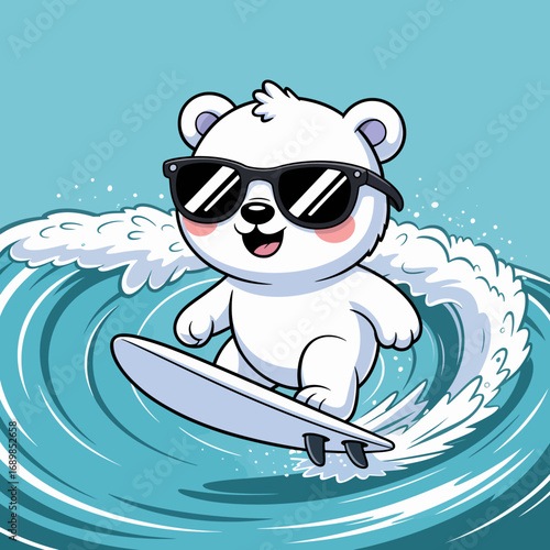 A cool polar bear wearing sunglasses joyously surfs on a wave, embodying a playful spirit and adventurous vibe in a bright and inviting ocean scene.