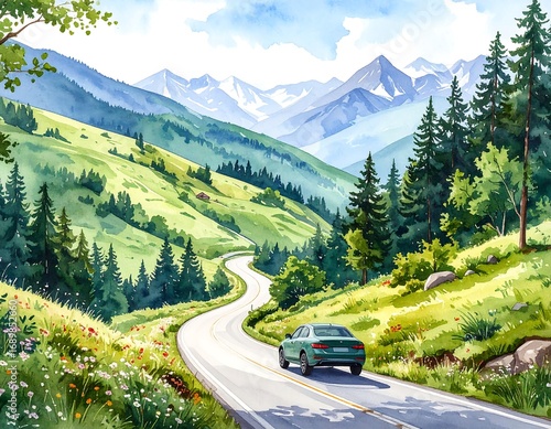 Naklejka na okno łazienkowe Scenic mountain road with a car (1)