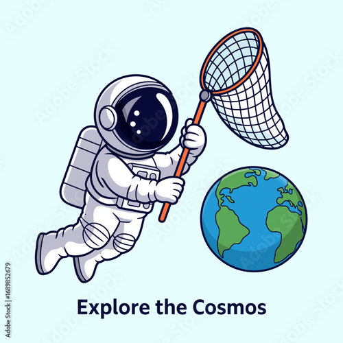 This captivating image features an astronaut joyfully exploring space, equipped with a net, showcasing the thrill of cosmic discovery and promoting curiosity about the universe.