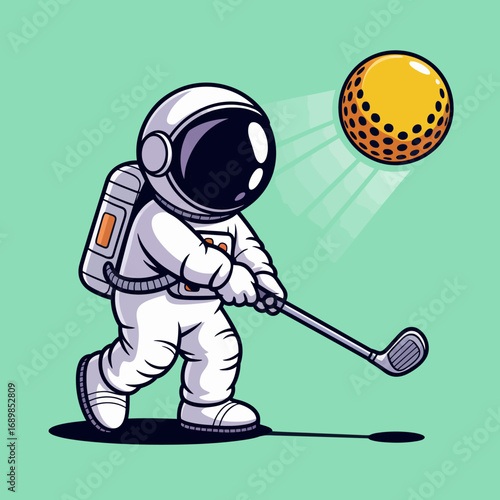 This unique illustration depicts an astronaut playing golf on an alien landscape, combining the sports theme with an otherworldly environment and showcasing creativity and fun.
