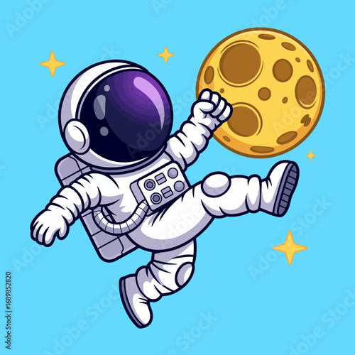 An adorable astronaut is playfully reaching for the moon in a colorful, cartoonish style, embodying the spirit of exploration and adventure. Perfect for whimsical art collections.