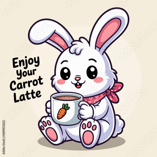 A fluffy white bunny with long ears and a scarf happily holds a mug of carrot latte, showcasing a cozy and delightful atmosphere perfect for winter-themed illustrations.