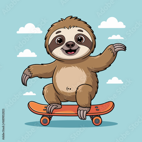 This adorable sloth is enjoying a thrilling skateboarding ride on a vibrant orange skateboard against a light blue background with fluffy clouds, capturing the essence of fun.