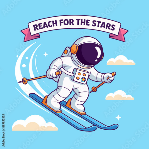 An astronaut skis through space with determination, showcasing a unique blend of adventure and ambition, beautifully illustrated against a soft blue background.