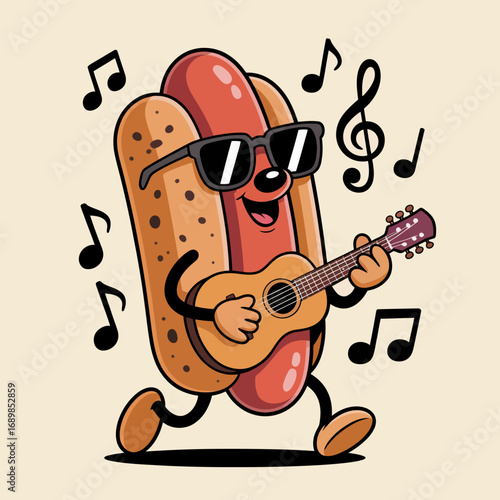 This playful hotdog character, sporting sunglasses and a guitar, brings joy and music together in a fun, cartoonish way, perfect for light-hearted themes and designs.