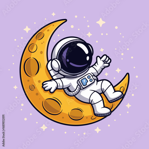 An astronaut joyfully sits on a crescent moon, surrounded by stars in a whimsical space setting, embodying the playful and imaginative nature of cosmic adventures.