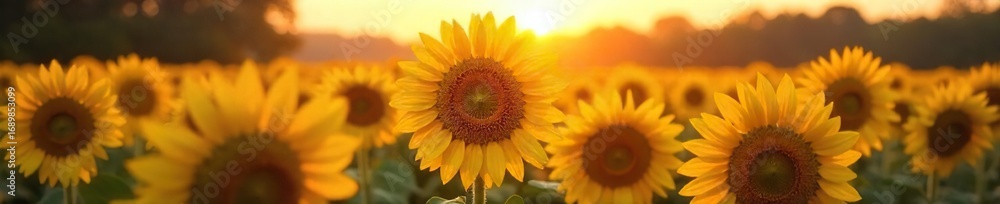 Obraz premium Golden hour sunlight bathes a field of ripe sunflowers, their heavy heads bowing under the weight of summer A vibrant scene of late summer abundance and warmth , nature, vibrant