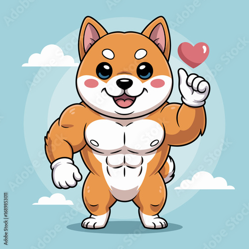 This adorable illustration showcases a strong, muscular Shiba Inu exuding confidence and joy, embodying strength and positivity in a playful and engaging way.