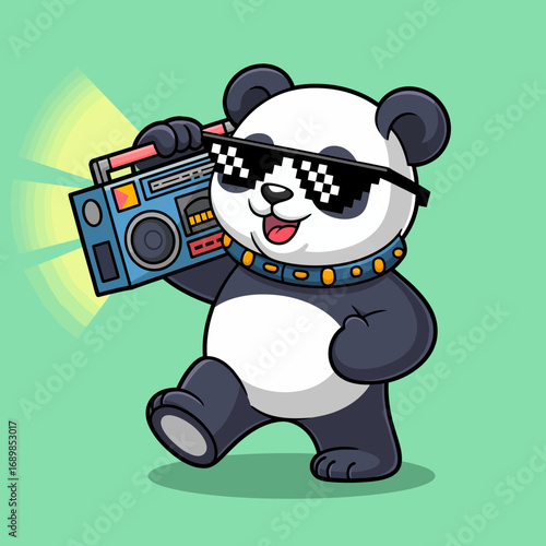 A stylish panda showcasing its cool personality with sunglasses and a boombox captures a fun blend of music and character in a vibrant, whimsical artistic style.