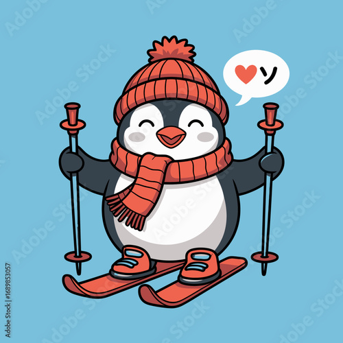 A cheerful penguin dressed warmly in a hat and scarf enjoys skiing on a snowy slope, embodying the spirit of adventure, joy, and playful winter activities in a charming art style.