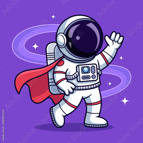 This cheerful astronaut character is waving in outer space, embodying adventure and curiosity while showcasing the beauty and mystery of the cosmos in a playful manner.
