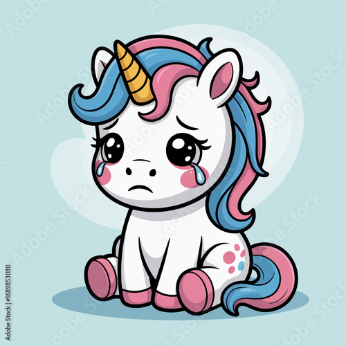 An emotive unicorn character with a sorrowful expression and colorful mane, beautifully illustrating feelings of sadness and vulnerability in a cute, artistic style. Ideal for emotional themes.