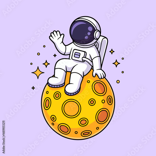This delightful illustration showcases a charming astronaut character sitting on a bright yellow moon, embodying the spirit of exploration and serenity in space.