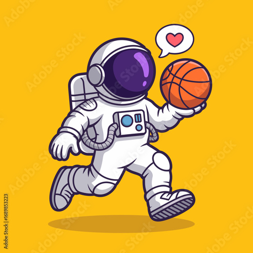 This lively illustration shows an astronaut joyfully dribbling a basketball while expressing love for the sport, blending athleticism with a cosmic adventure.