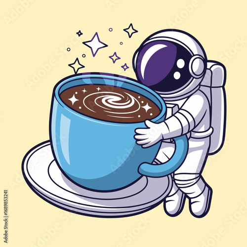 An astronaut joyfully holding a large blue coffee cup adorned with swirling galaxy patterns, capturing the fusion of space exploration and the love for coffee in a whimsical way.