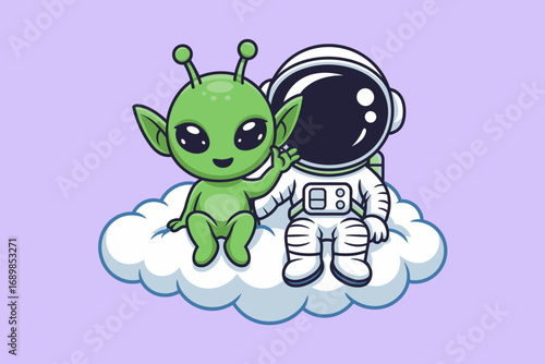 A delightful scene with an astronaut and a friendly alien sitting together on a fluffy cloud, symbolizing unity, friendship, and joy in a dreamlike outer space environment.
