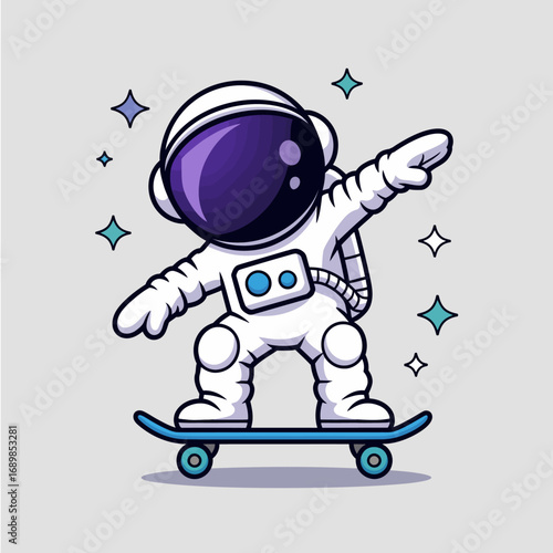 An engaging illustration of an astronaut performing a stylish skateboarding trick, embodying themes of adventure and creativity in a vibrant and eye-catching design.
