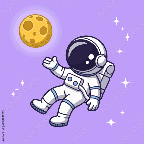 A cheerful astronaut is floating in a whimsical space scene with stars and a bright moon, encapsulating the playful spirit of exploration and adventure in outer space.