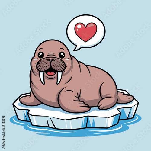 This endearing illustration shows a walrus sitting on an iceberg, emitting a heart bubble that conveys affection, all set against a soft blue background evoking tranquility.