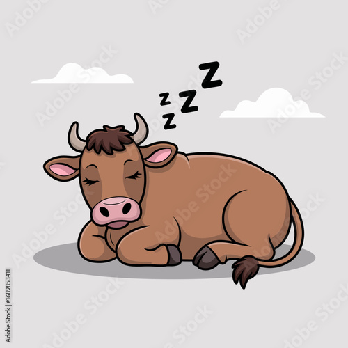A serene illustration of a brown cow peacefully sleeping, embodying tranquility and a relaxed mood against a calming gray background with soft clouds.