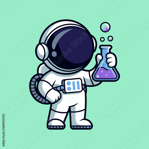 In a serene space environment, an astronaut curiously holds a flask of bubbling liquid, symbolizing the intersection of exploration and scientific discovery amidst the cosmos.