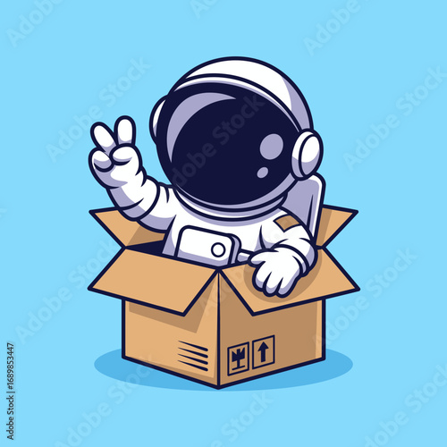 An imaginative scene depicting an astronaut playfully emerging from a cardboard box, symbolizing exploration, creativity, and the adventurous spirit of space travel.