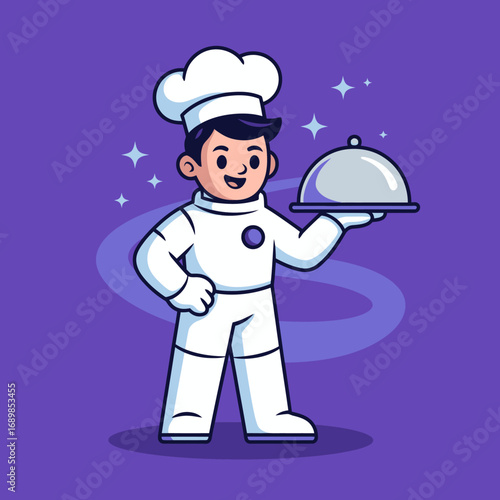 An animated chef with a cap proudly holds out a covered dish, embodying the spirit of cooking and the joy of serving delicious meals with creativity and passion.