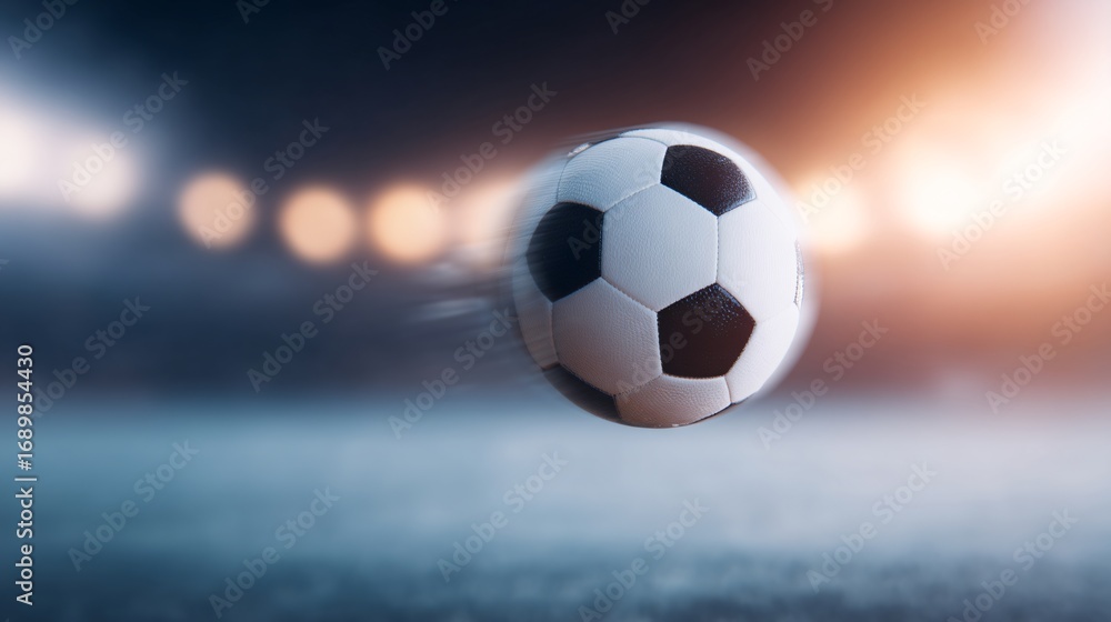 Fototapeta premium ball flying toward camera with blurred background stadium lights