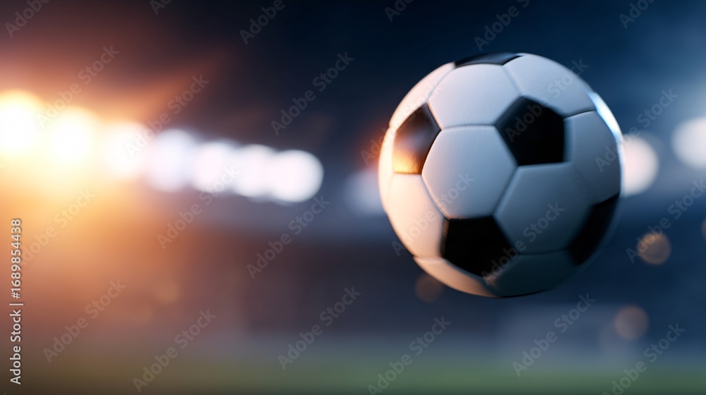 Fototapeta premium ball flying toward camera with blurred background stadium lights