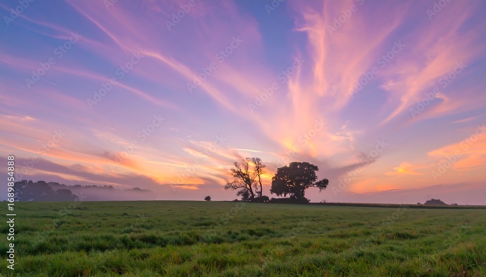 Fototapeta premium Serene sunrise over misty fields with distant trees